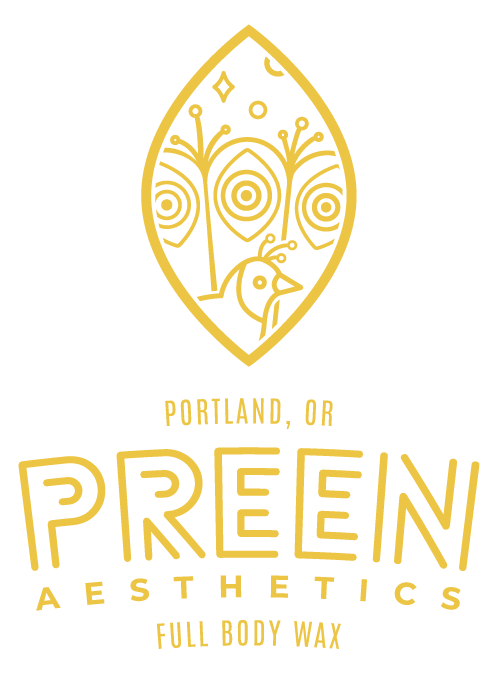 PREEN Aesthectic logo. A golden linework image of peacock tailfeathers and head