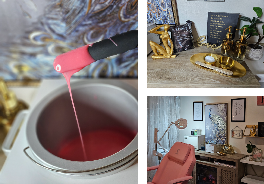 Three photos showing hot wax, hair removal tools, and other items in the salon.
